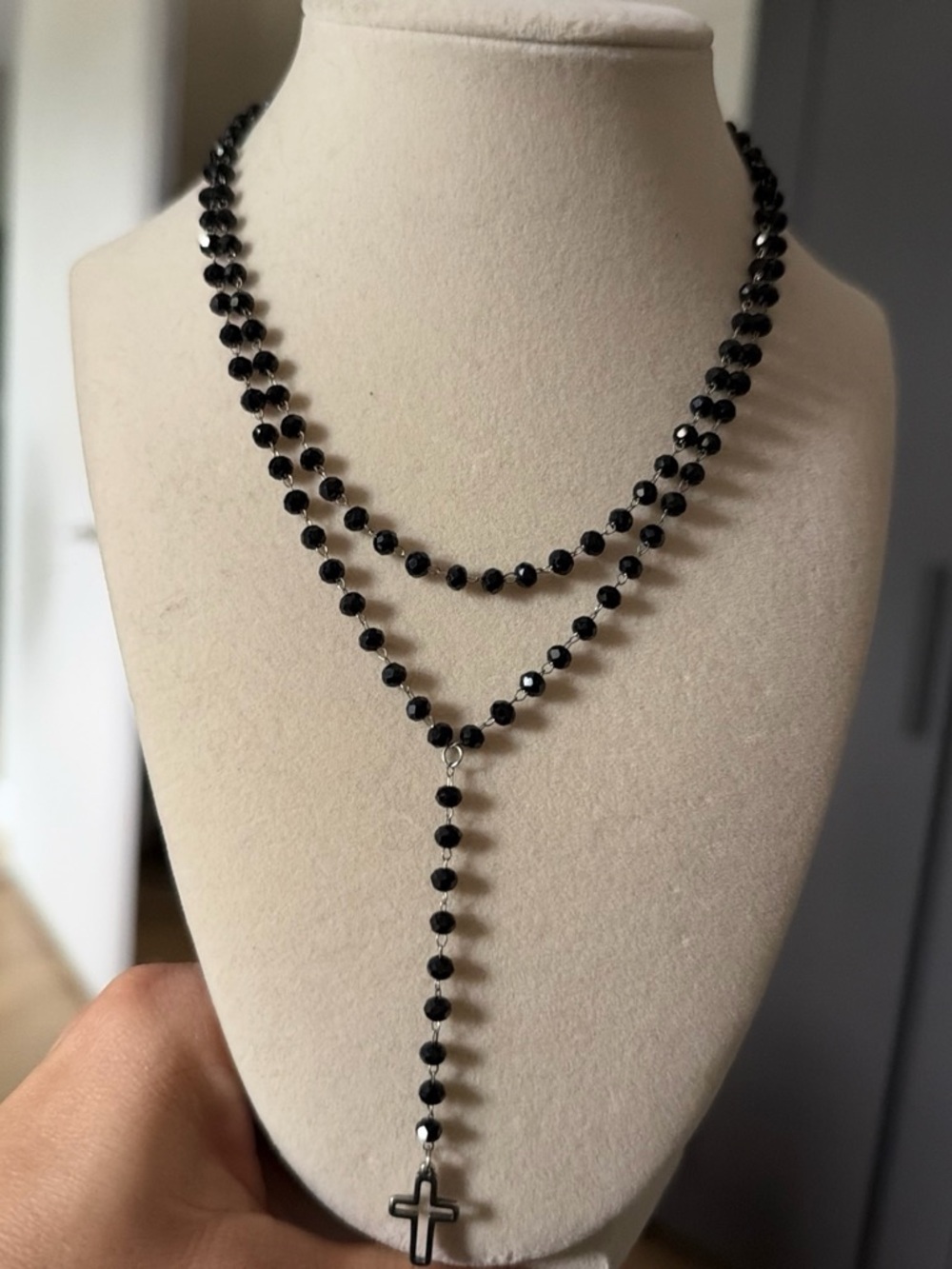Black Beaded Rosary-Style Layered Necklace